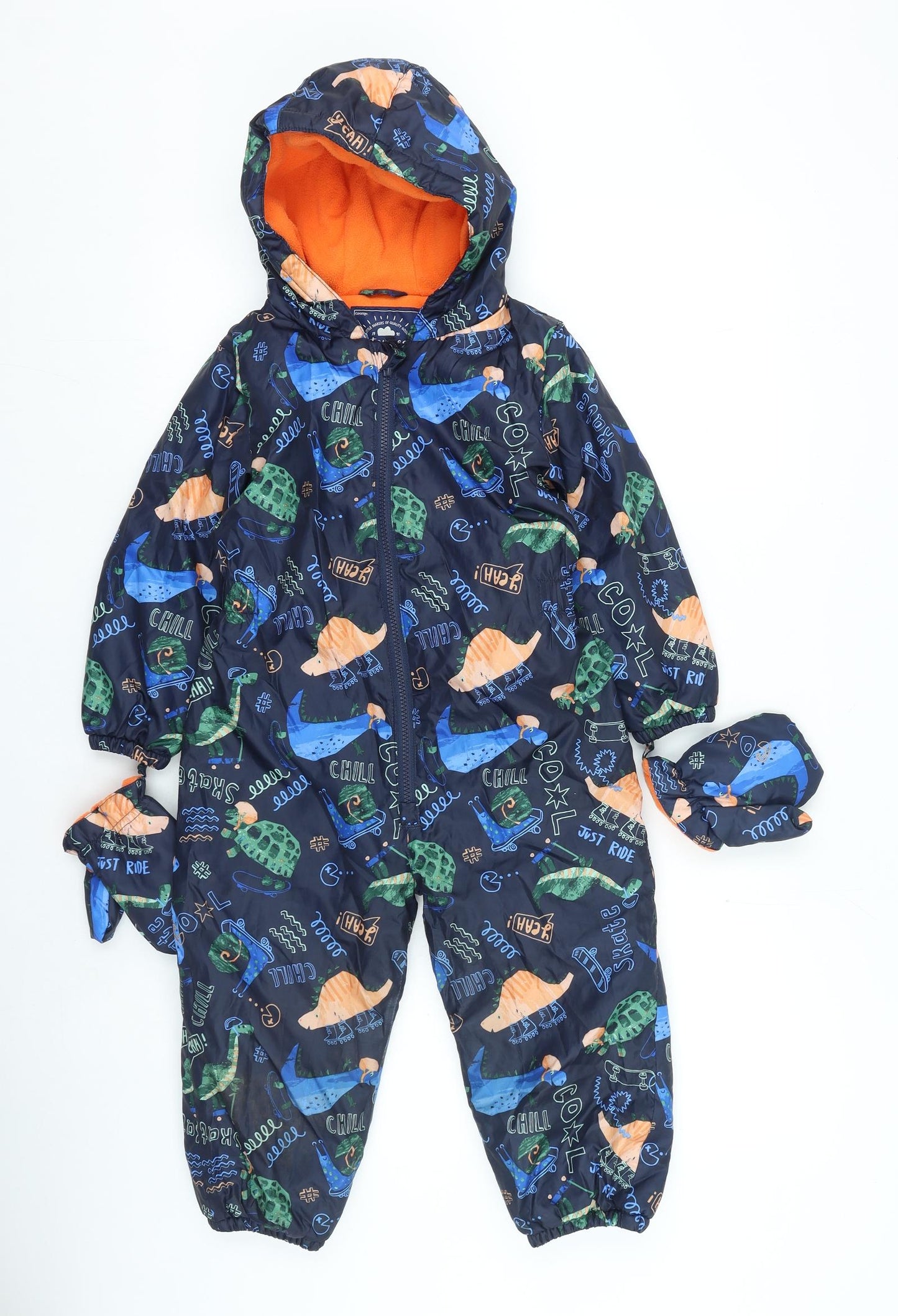 George Boys Multicoloured Geometric Rain Coat Snowsuit Size 4-5 Years Zip - Dinosaur
