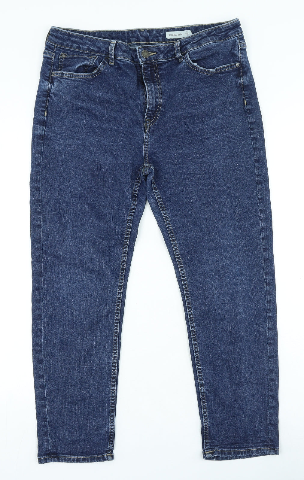 Marks and Spencer Womens Blue Cotton Straight Jeans Size 14 L25 in Regular Zip