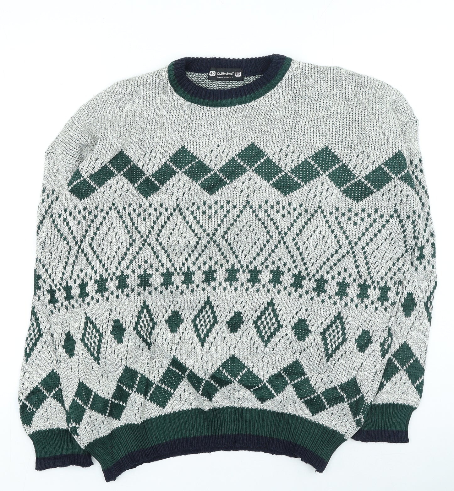 St Micheal Mens Grey Round Neck Geometric Acrylic Pullover Jumper Size L