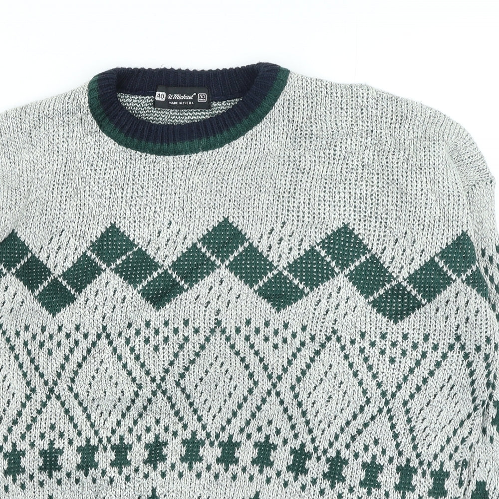 St Micheal Mens Grey Round Neck Geometric Acrylic Pullover Jumper Size L