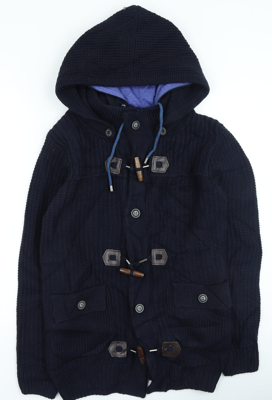 Thrift Mens Blue Round Neck Wool Full Zip Jumper Size XL