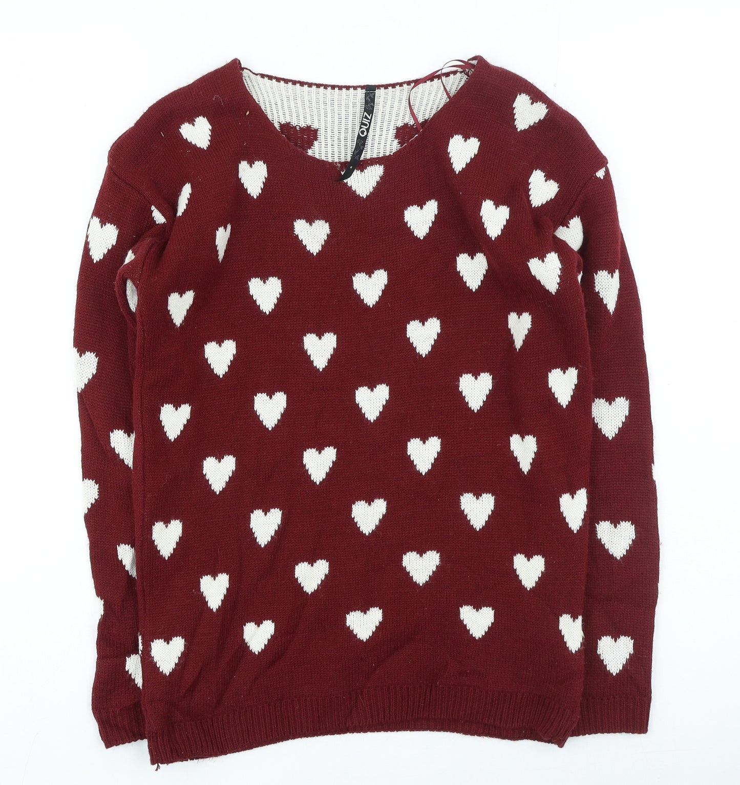 Quiz Womens Red Round Neck Acrylic Pullover Jumper Size S - Hearts Throughout