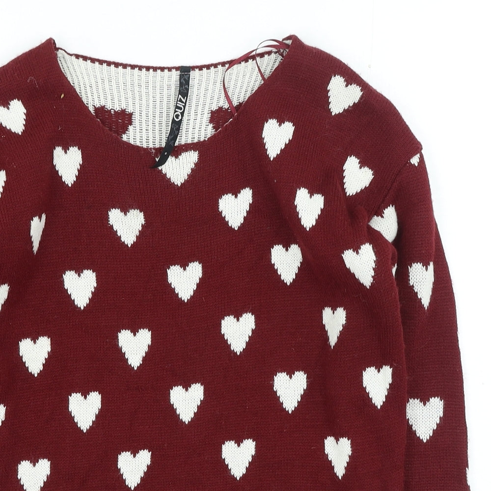 Quiz Womens Red Round Neck Acrylic Pullover Jumper Size S - Hearts Throughout