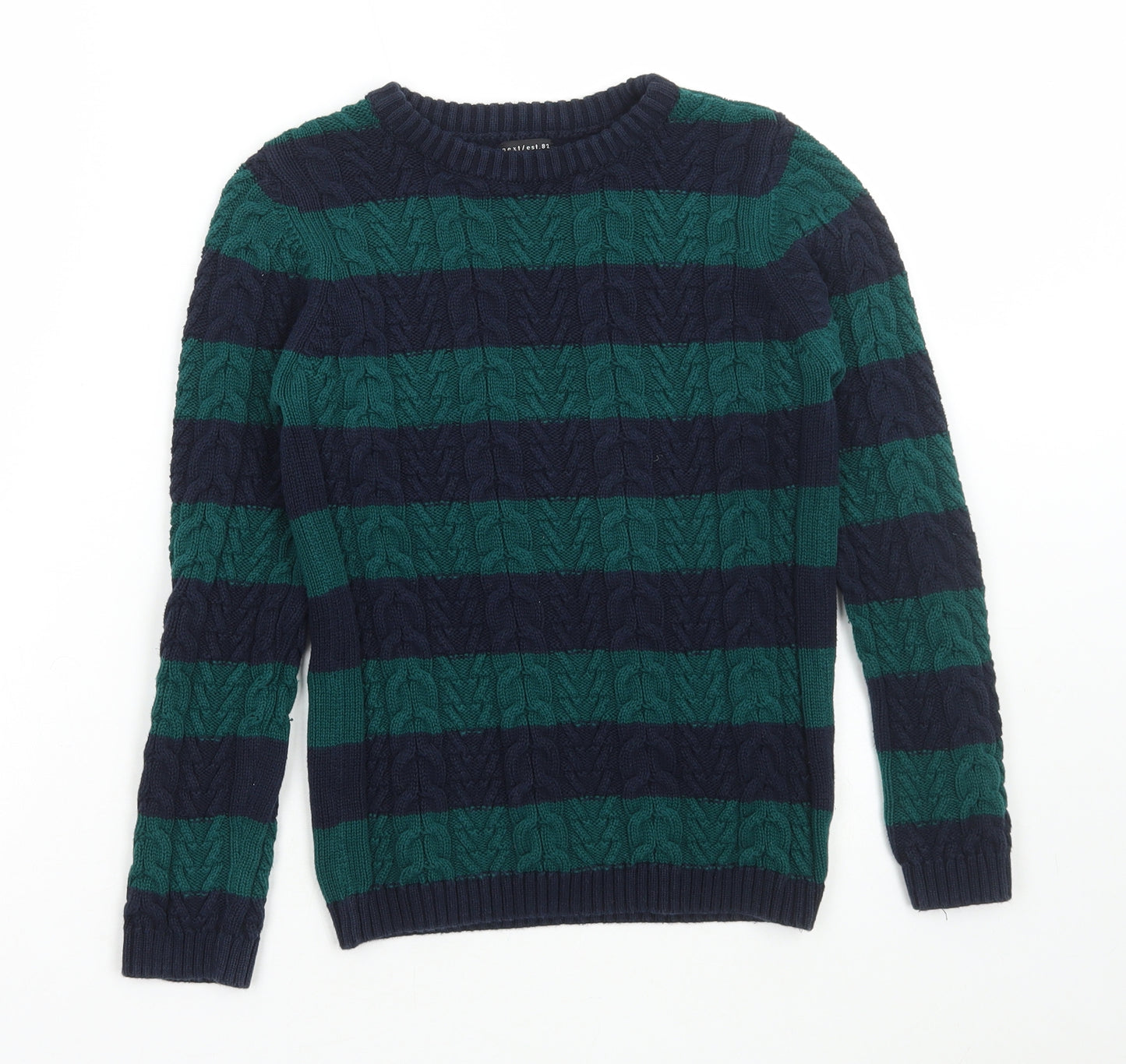 NEXT Boys Green Round Neck Striped Cotton Pullover Jumper Size 9 Years Pullover