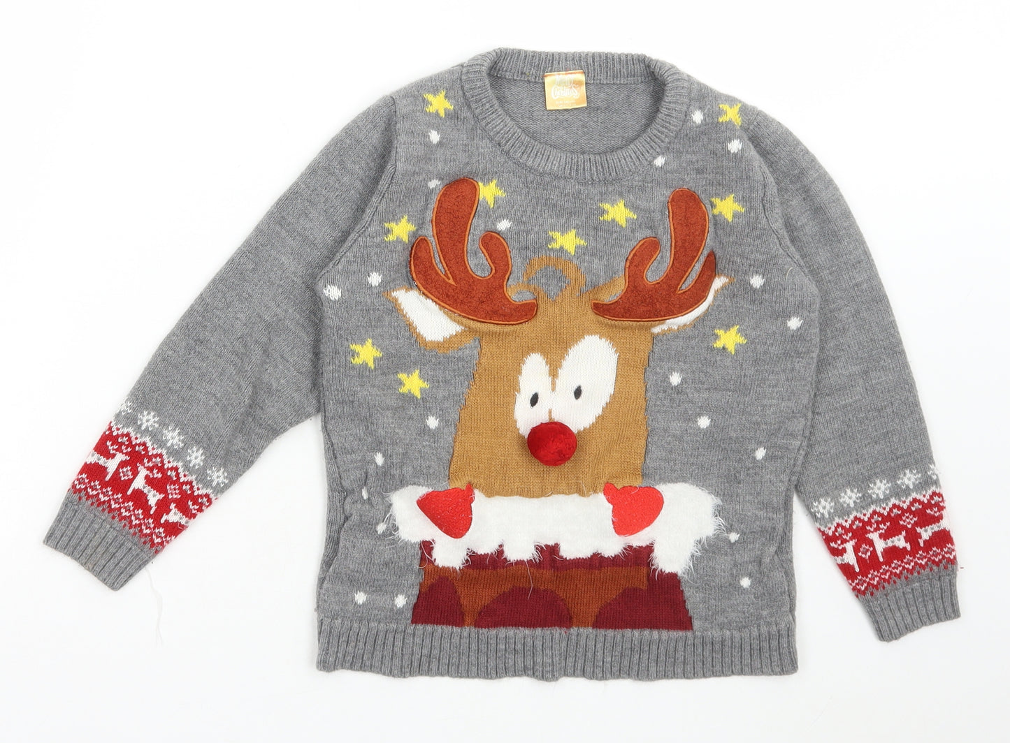 Merry Christmas Boys Grey Round Neck Acrylic Pullover Jumper Size 10-11 Years Pullover - Christmas, Rudolf