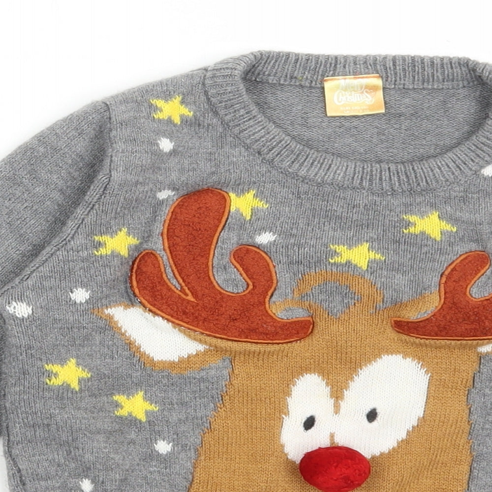 Merry Christmas Boys Grey Round Neck Acrylic Pullover Jumper Size 10-11 Years Pullover - Christmas, Rudolf