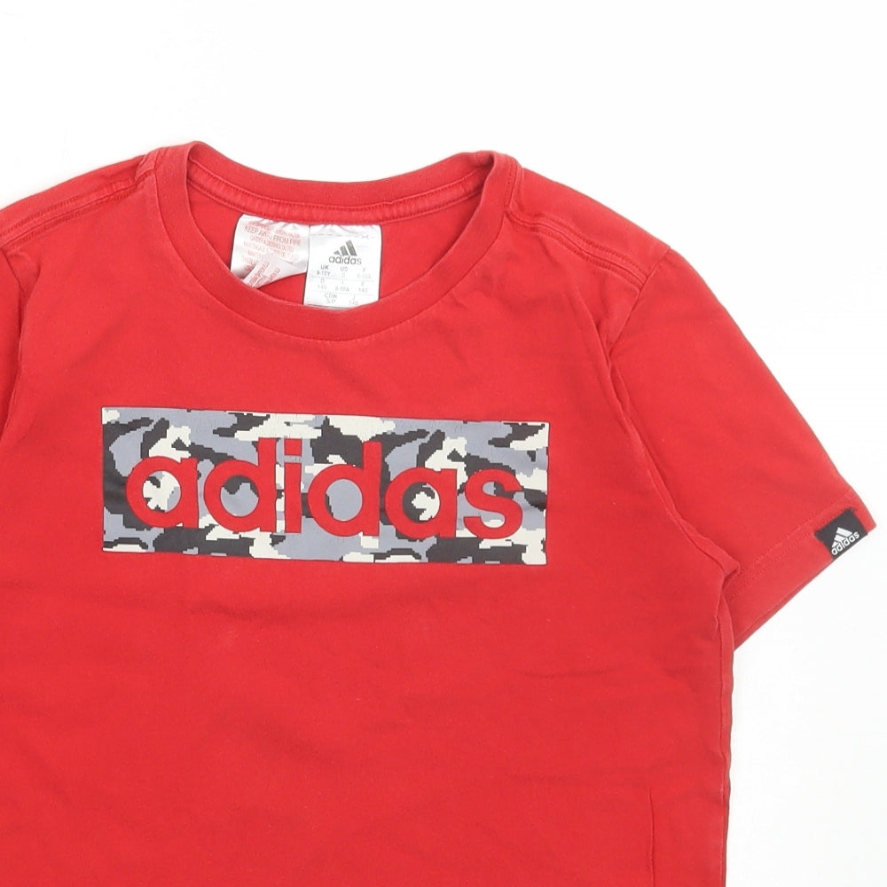 adidas Boys Red Cotton Basic T-Shirt Size 9-10 Years Round Neck Pullover