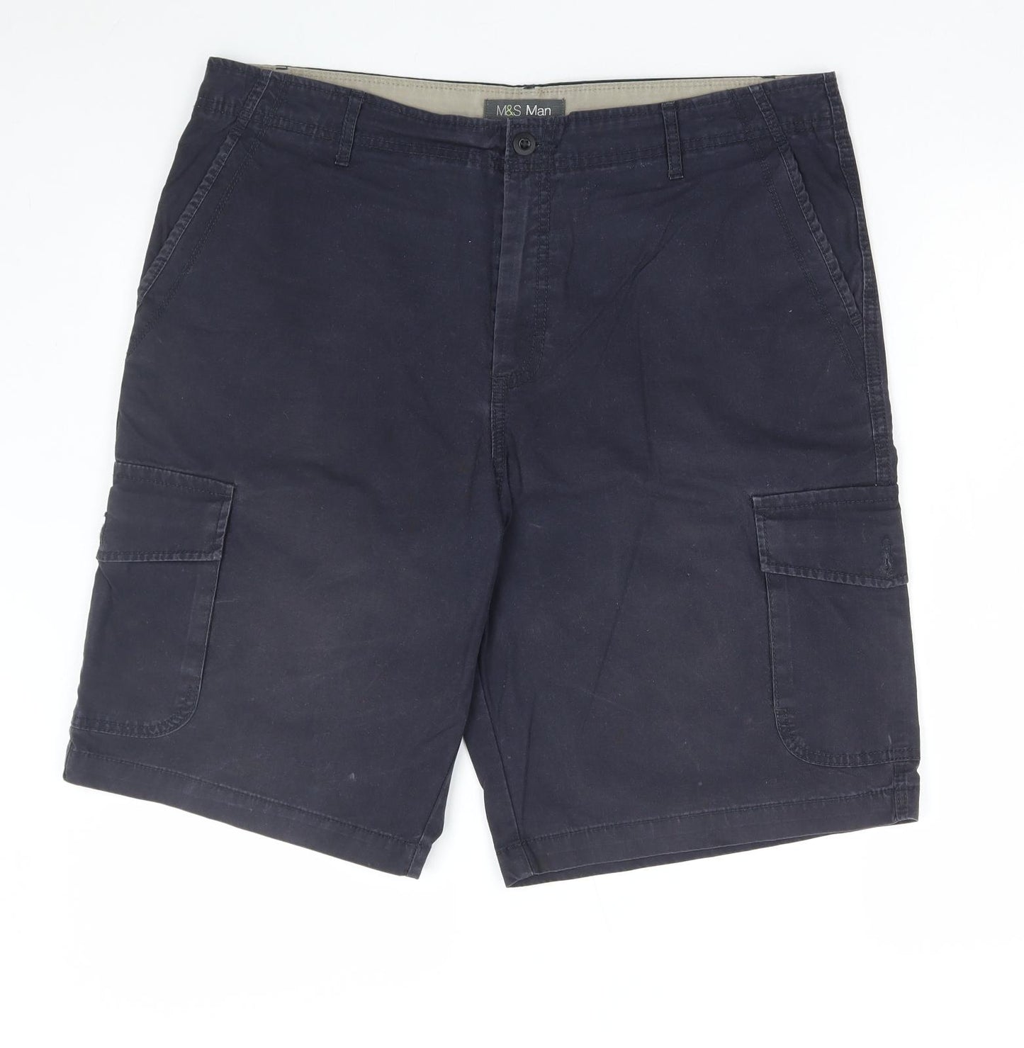 Marks and Spencer Mens Blue Cotton Cargo Shorts Size 36 in L11 in Regular Zip