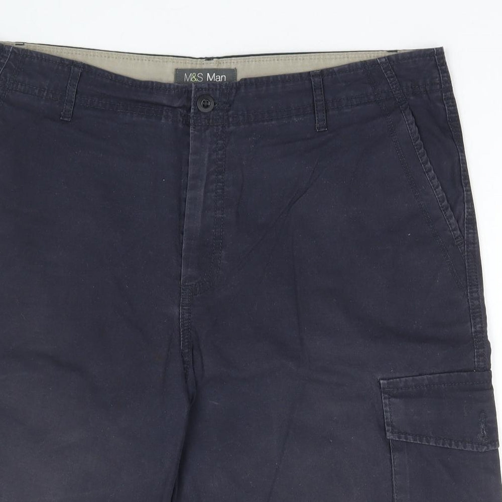 Marks and Spencer Mens Blue Cotton Cargo Shorts Size 36 in L11 in Regular Zip