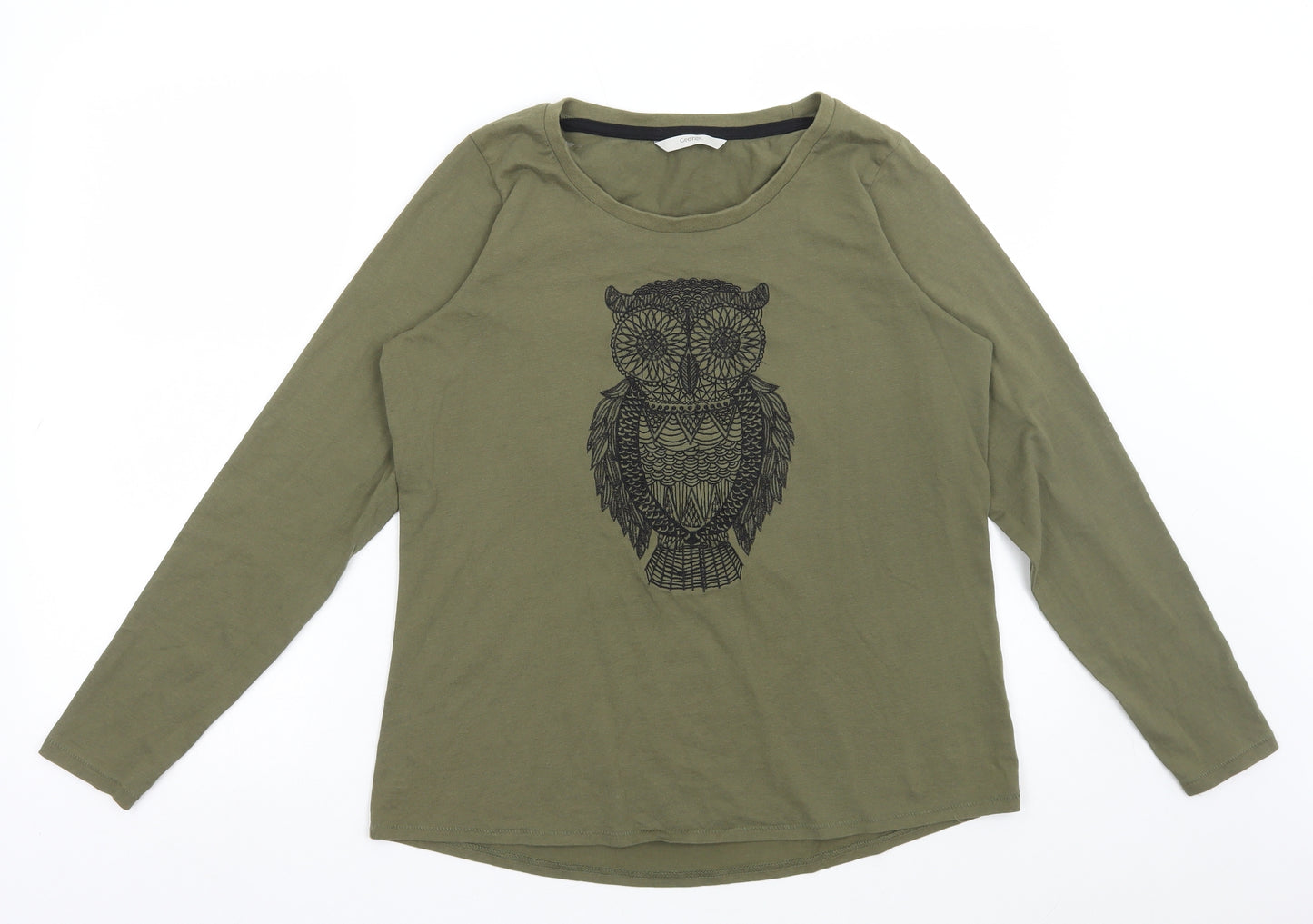 George Womens Green Cotton Basic T-Shirt Size 14 Round Neck - Owl