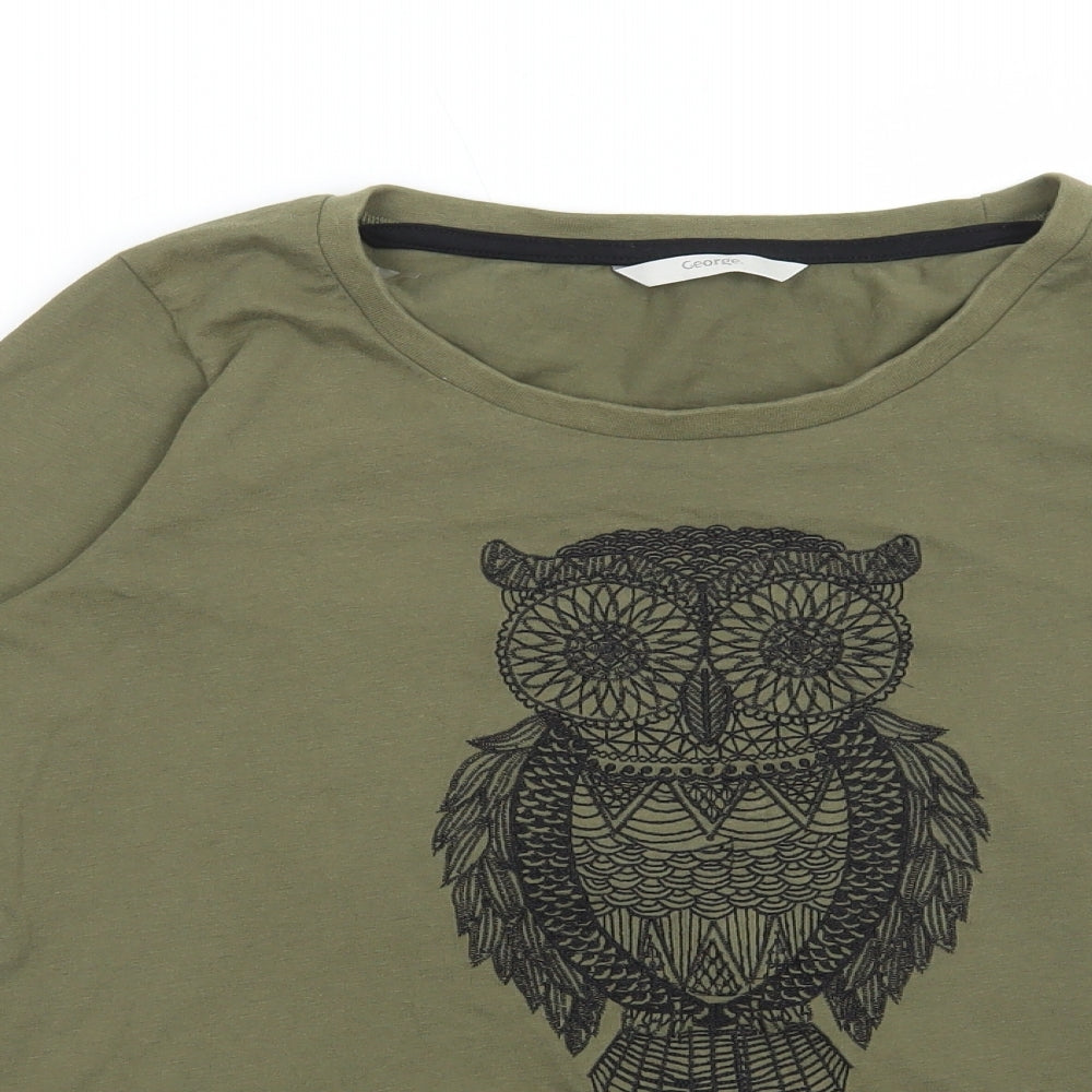 George Womens Green Cotton Basic T-Shirt Size 14 Round Neck - Owl