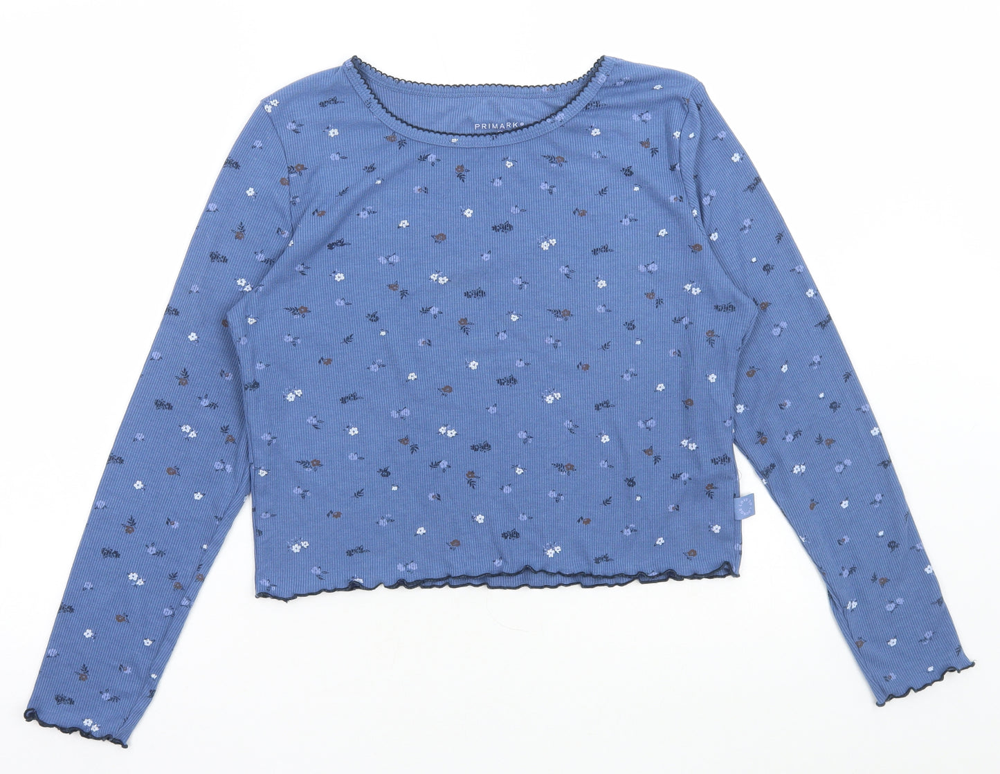 Primark Womens Blue Floral Polyester Cropped T-Shirt Size M Round Neck - Lettuce Edges