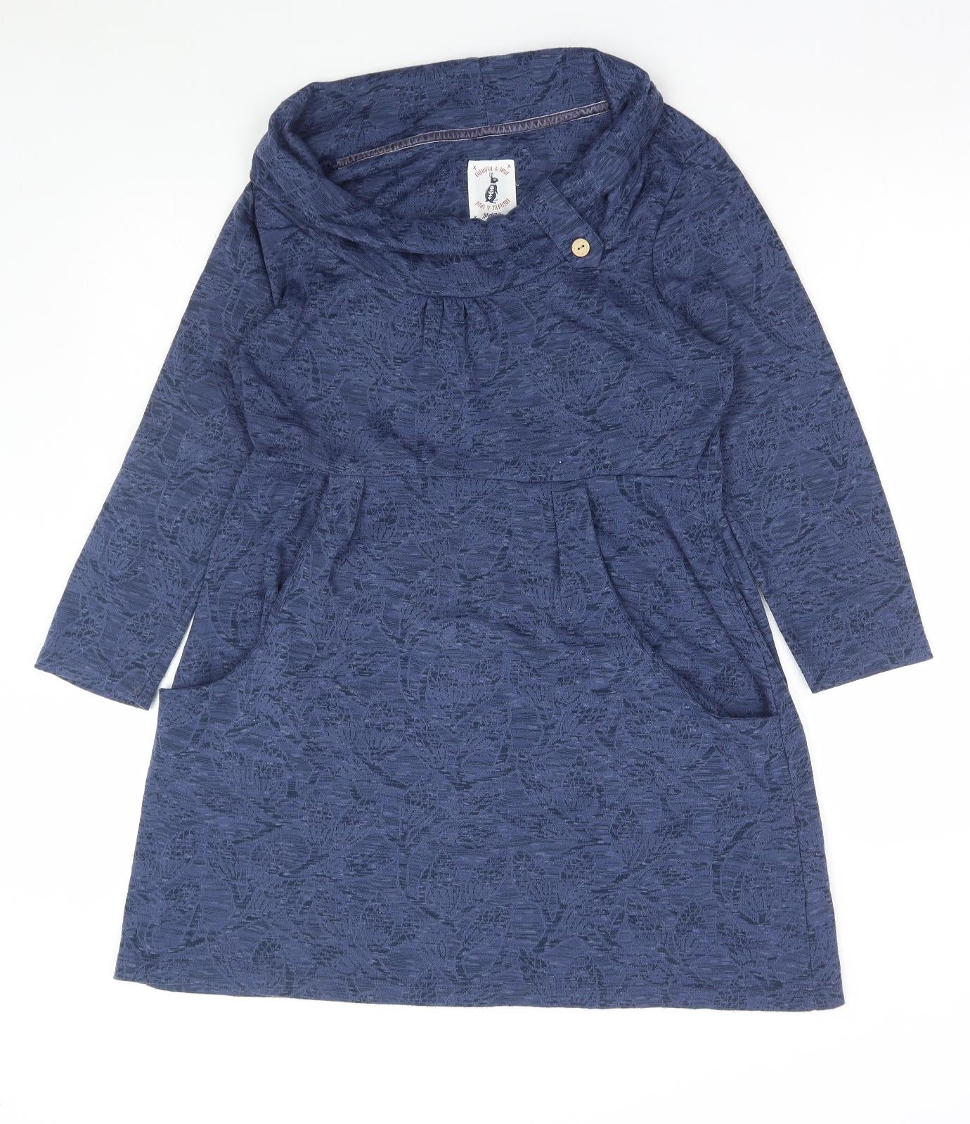 Mantaray Womens Blue Floral Polyester Tunic T-Shirt Size 12 Roll Neck