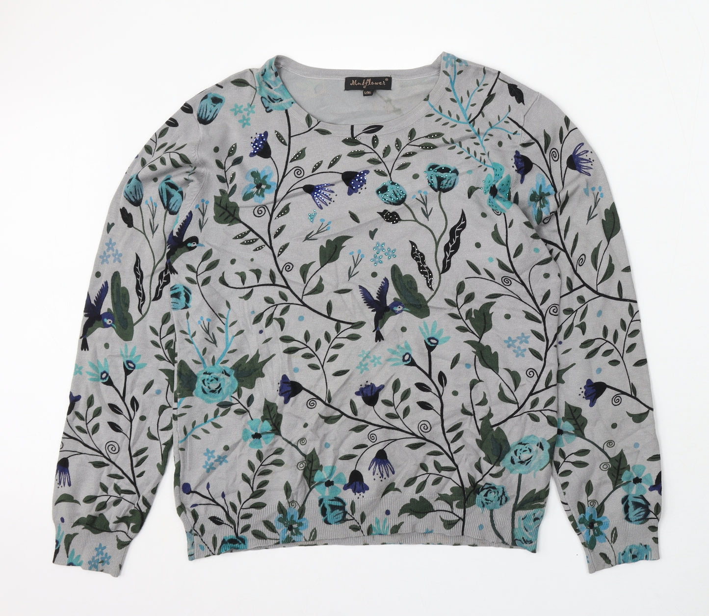 Mind Flower Womens Grey Round Neck Floral Viscose Pullover Jumper Size L