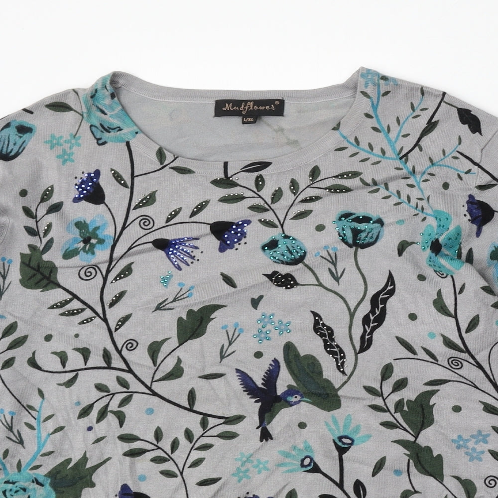 Mind Flower Womens Grey Round Neck Floral Viscose Pullover Jumper Size L