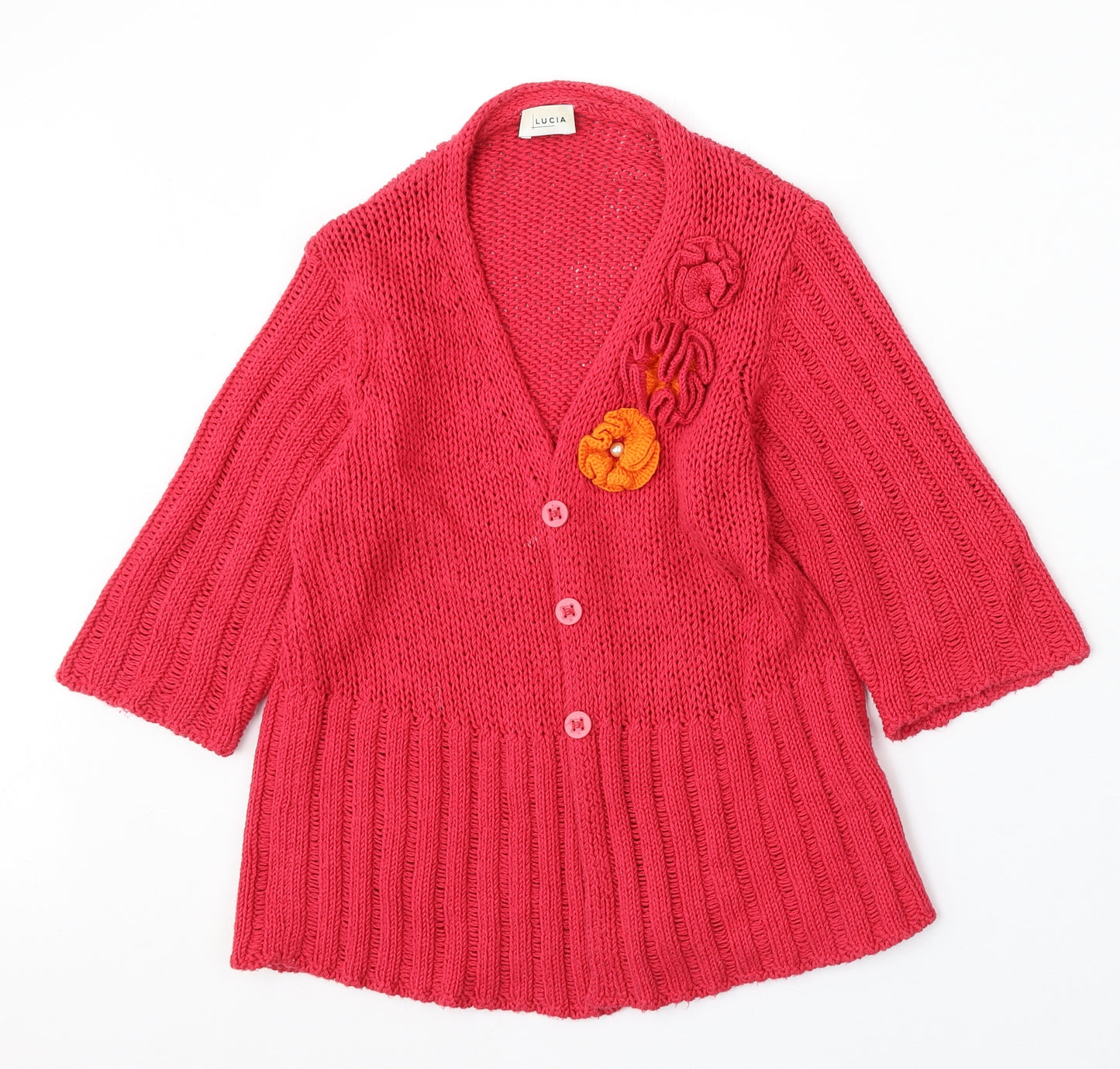 LUCIA Womens Red V-Neck Cotton Cardigan Jumper Size 12 - Floral detail
