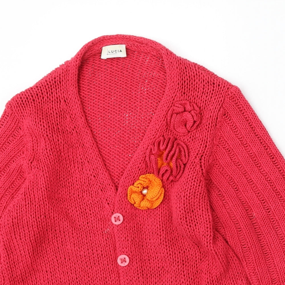 LUCIA Womens Red V-Neck Cotton Cardigan Jumper Size 12 - Floral detail