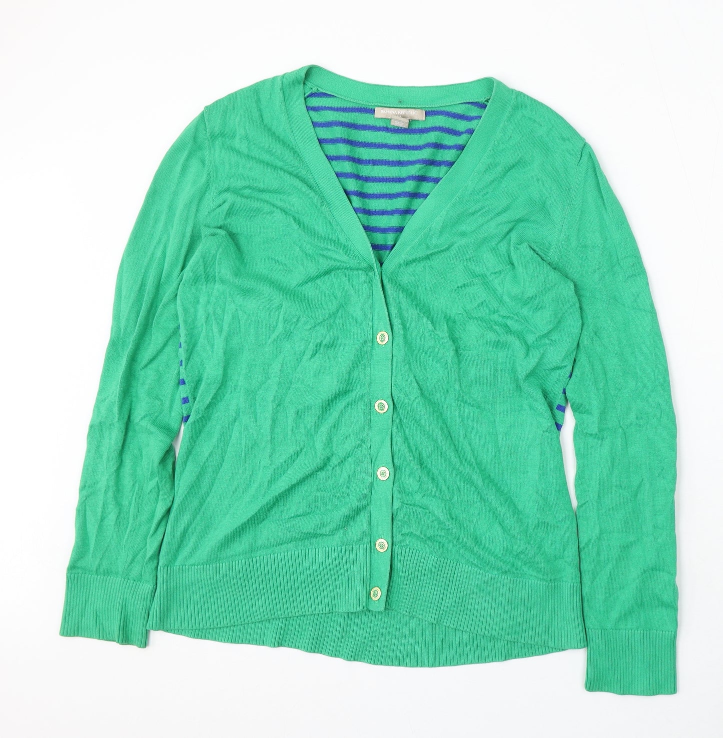 Banana Republic Womens Green V-Neck Striped Cotton Cardigan Jumper Size L