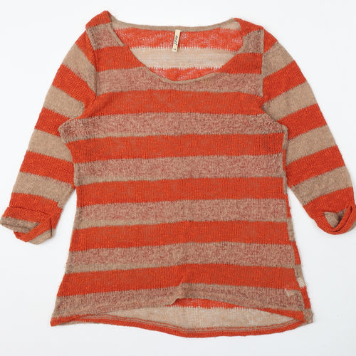 NEXT Womens Orange Round Neck Striped Polyester Pullover Jumper Size 16