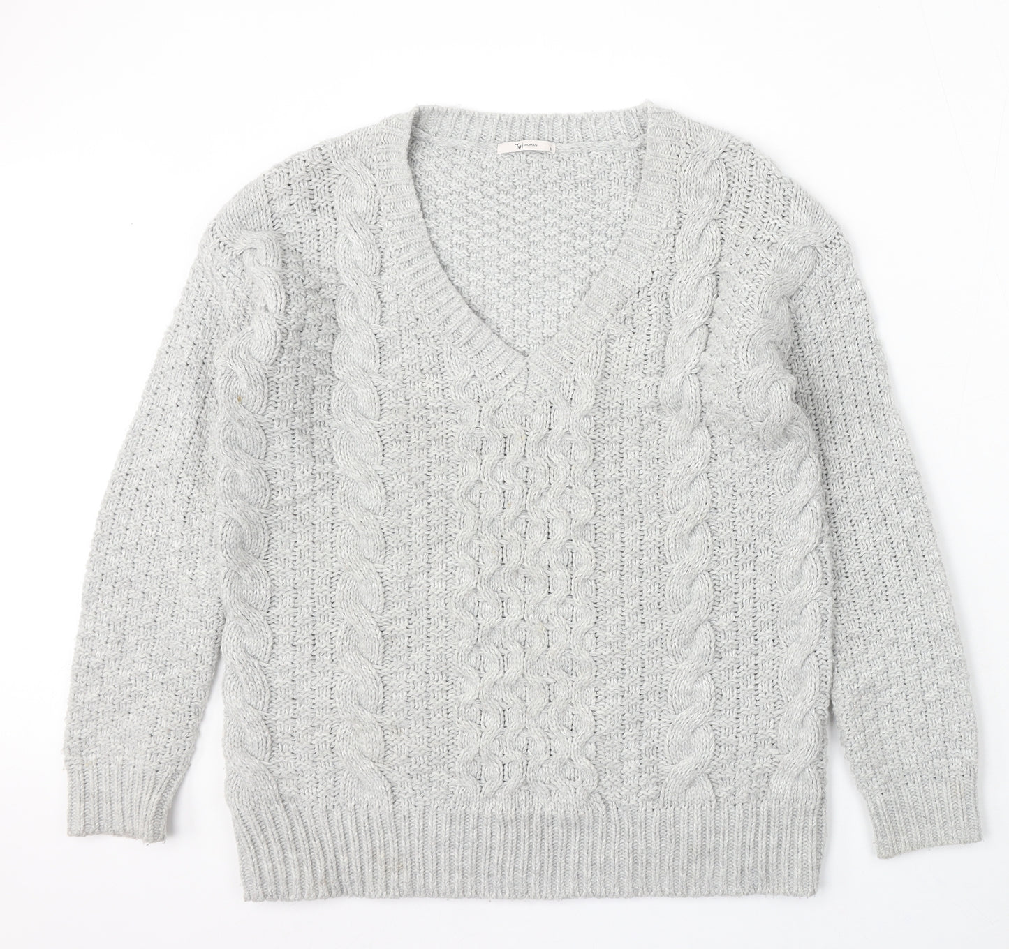 TU Womens Grey V-Neck Acrylic Pullover Jumper Size 12