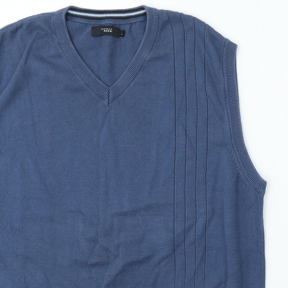 Thomas Nash Mens Blue V-Neck Cotton Vest Jumper Size L