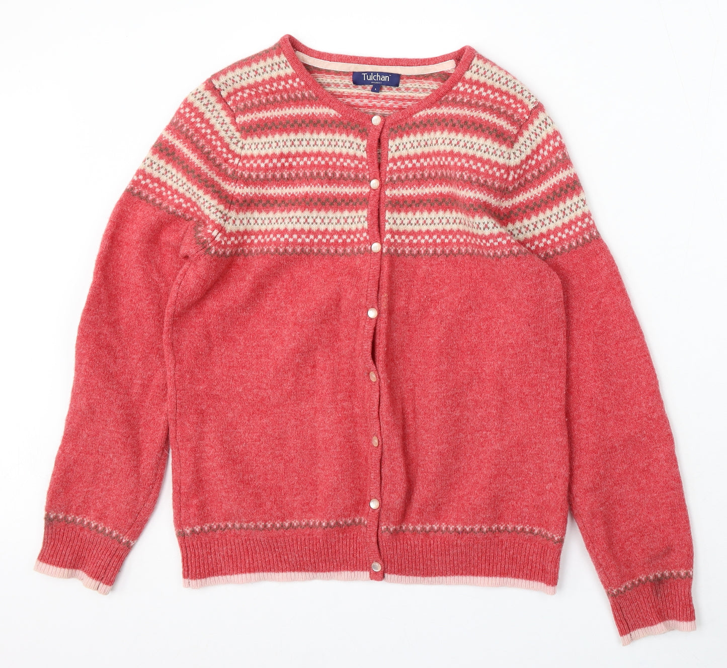 Tulchan Womens Red Round Neck Geometric Wool Cardigan Jumper Size L