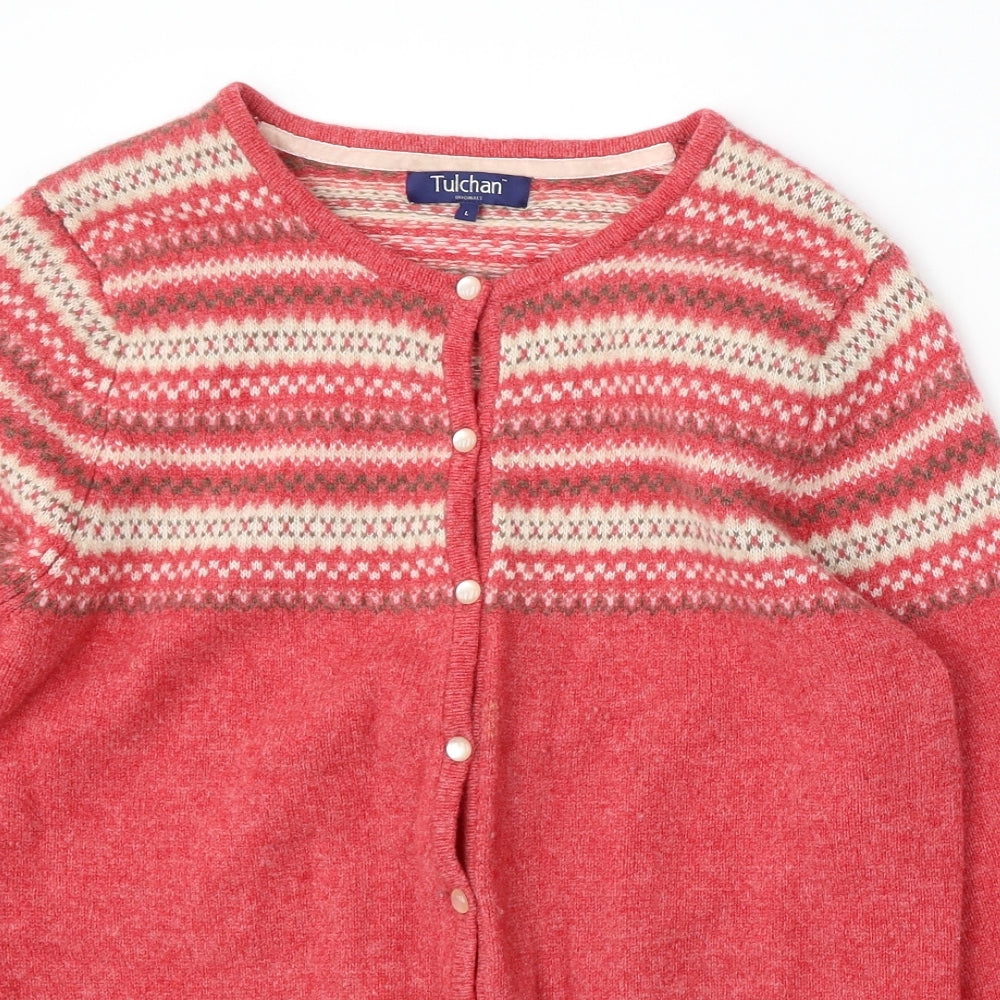 Tulchan Womens Red Round Neck Geometric Wool Cardigan Jumper Size L