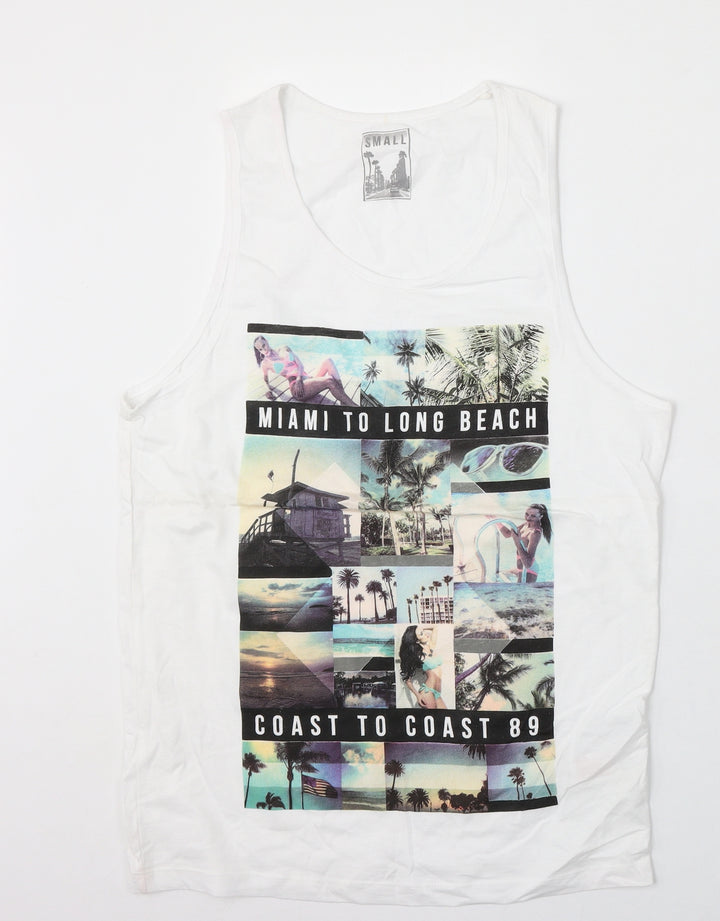 Cedar Wood State Mens White Cotton T-Shirt Size S Round Neck - Miami to Long Beach