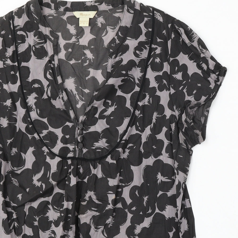 Monsoon Womens Grey Geometric Cotton Basic Blouse Size 14 V-Neck