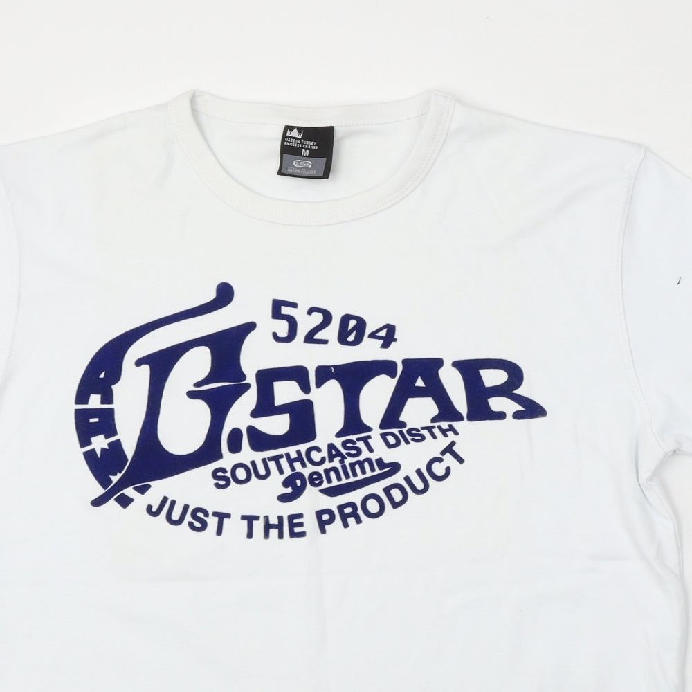 G Star Mens White Cotton T-Shirt Size M Round Neck