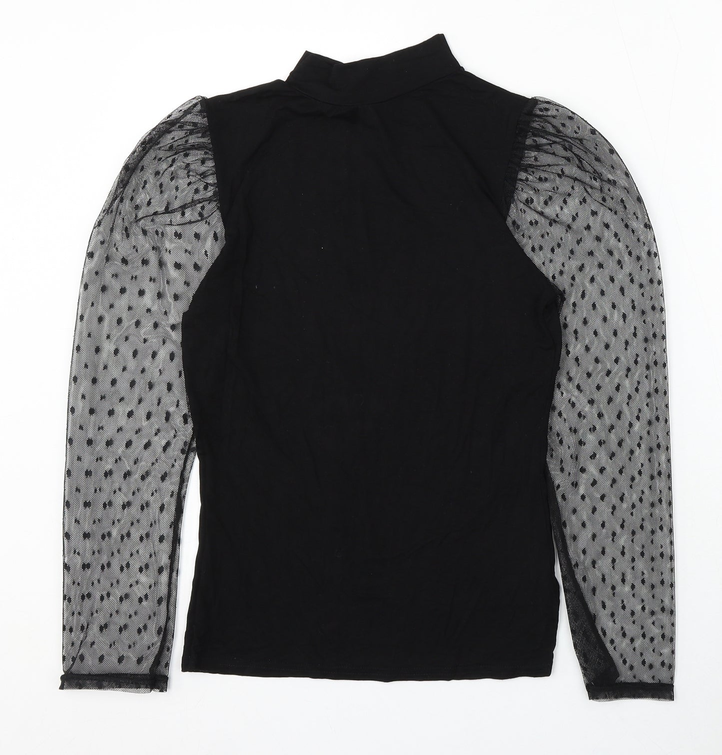 PRETTYLITTLETHING Womens Black Geometric Viscose Basic Blouse Size 10 Round Neck - Sheer Sleeve