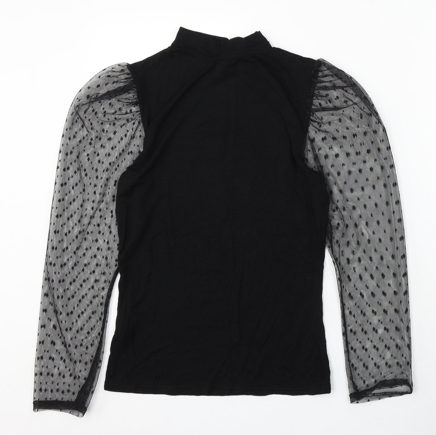 PRETTYLITTLETHING Womens Black Geometric Viscose Basic Blouse Size 10 Round Neck - Sheer Sleeve