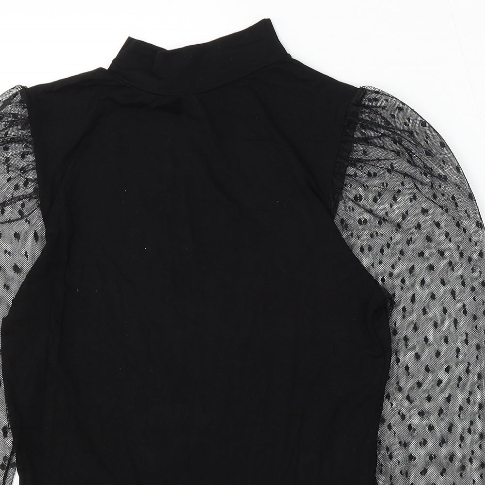 PRETTYLITTLETHING Womens Black Geometric Viscose Basic Blouse Size 10 Round Neck - Sheer Sleeve