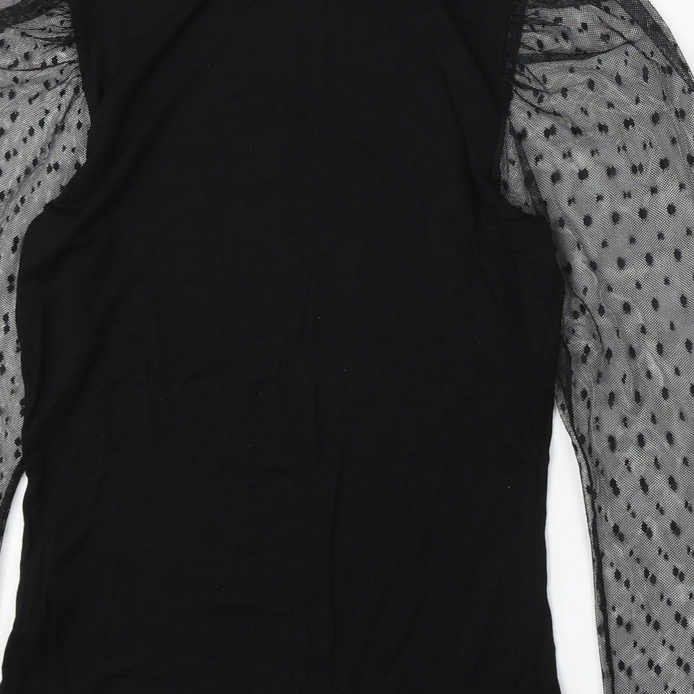 PRETTYLITTLETHING Womens Black Geometric Viscose Basic Blouse Size 10 Round Neck - Sheer Sleeve