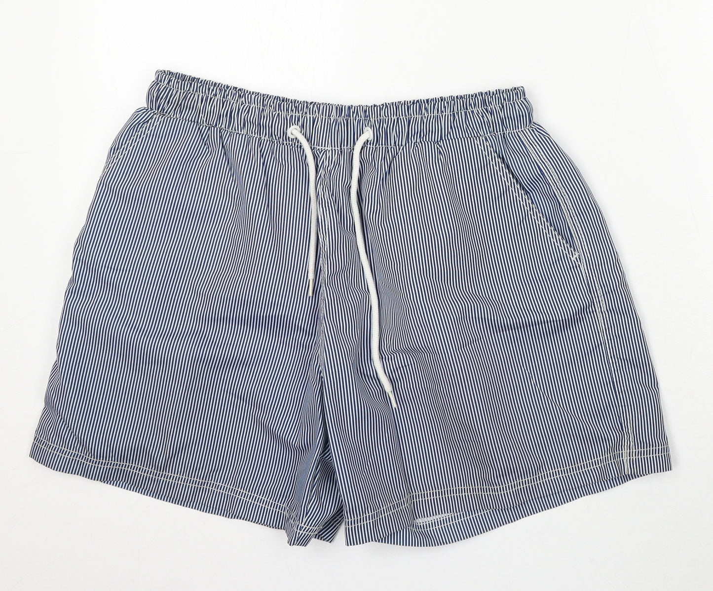 Preworn Mens Blue Striped Polyester Sweat Shorts Size M L6 in Regular Drawstring