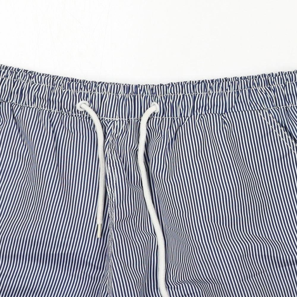 Preworn Mens Blue Striped Polyester Sweat Shorts Size M L6 in Regular Drawstring