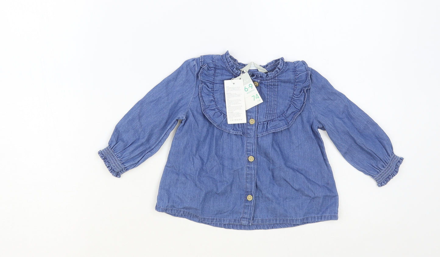 Primark Baby Blue Cotton Basic Button-Up Size 6-9 Months Round Neck Button