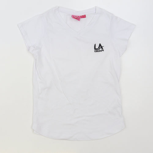 LA Gear Girls White Polyester Basic T-Shirt Size 7-8 Years V-Neck Pullover