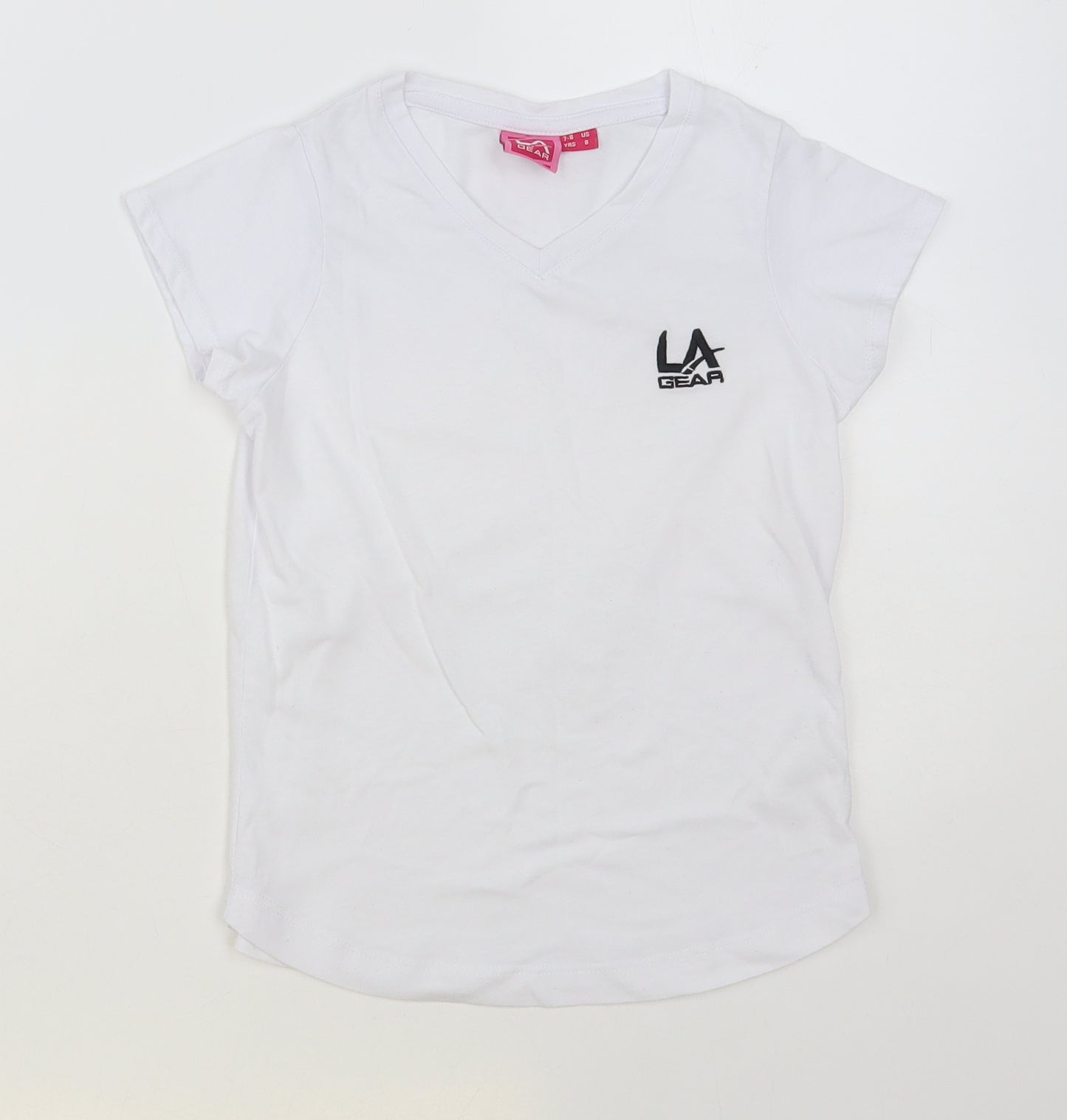 LA Gear Girls White Polyester Basic T-Shirt Size 7-8 Years V-Neck Pullover