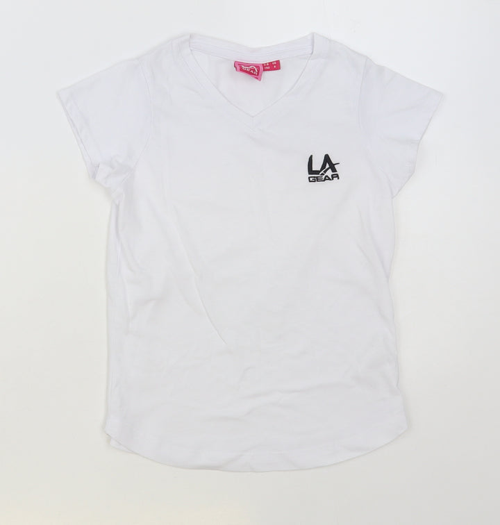 LA Gear Girls White Polyester Basic T-Shirt Size 7-8 Years V-Neck Pullover