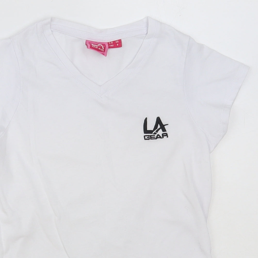 LA Gear Girls White Polyester Basic T-Shirt Size 7-8 Years V-Neck Pullover