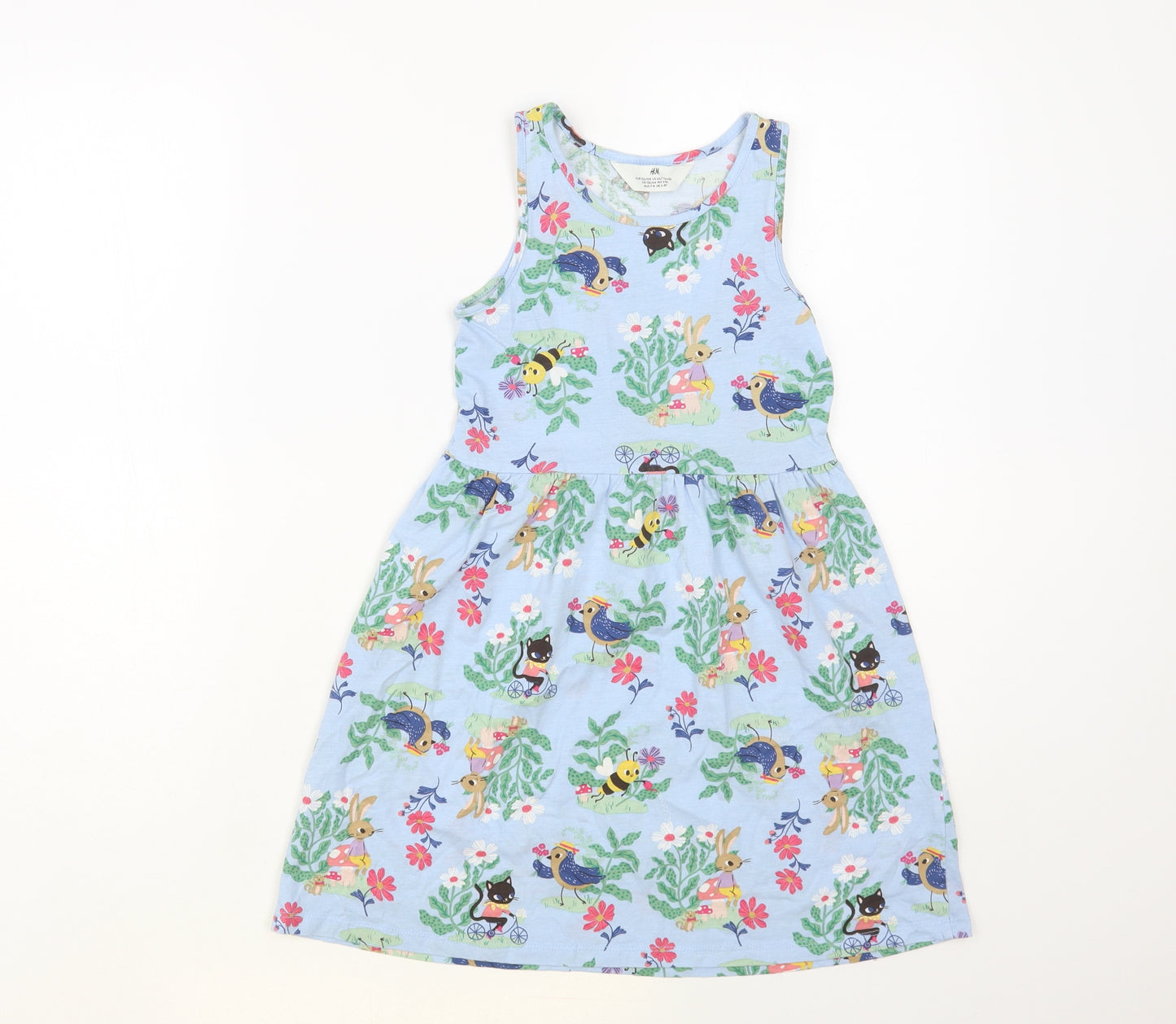 H&M Girls Blue Floral Cotton Tank Dress Size 6-7 Years Round Neck Pullover - Cute Animals Print
