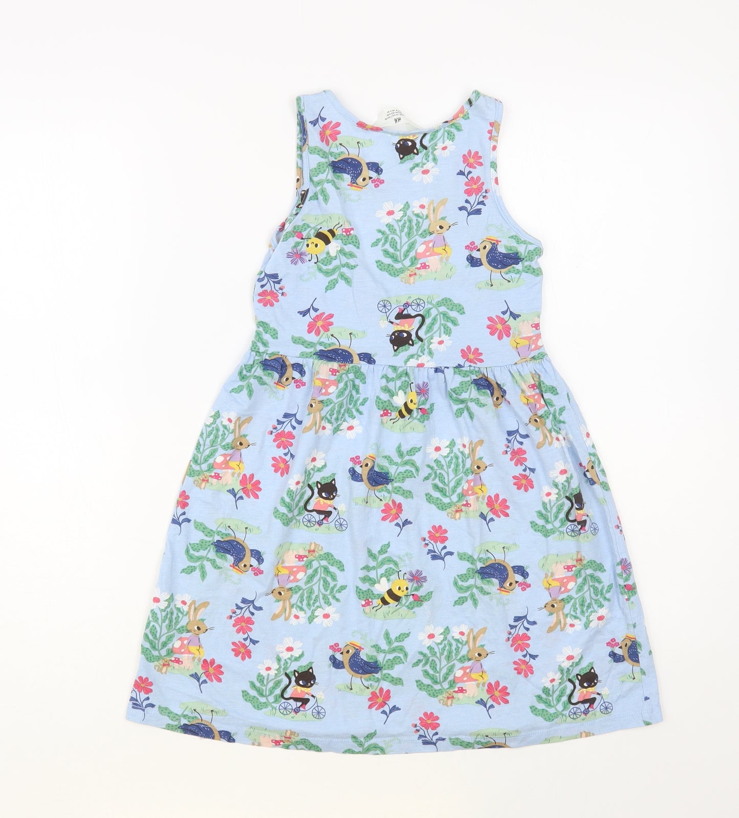 H&M Girls Blue Floral Cotton Tank Dress Size 6-7 Years Round Neck Pullover - Cute Animals Print