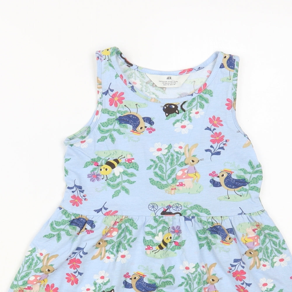 H&M Girls Blue Floral Cotton Tank Dress Size 6-7 Years Round Neck Pullover - Cute Animals Print