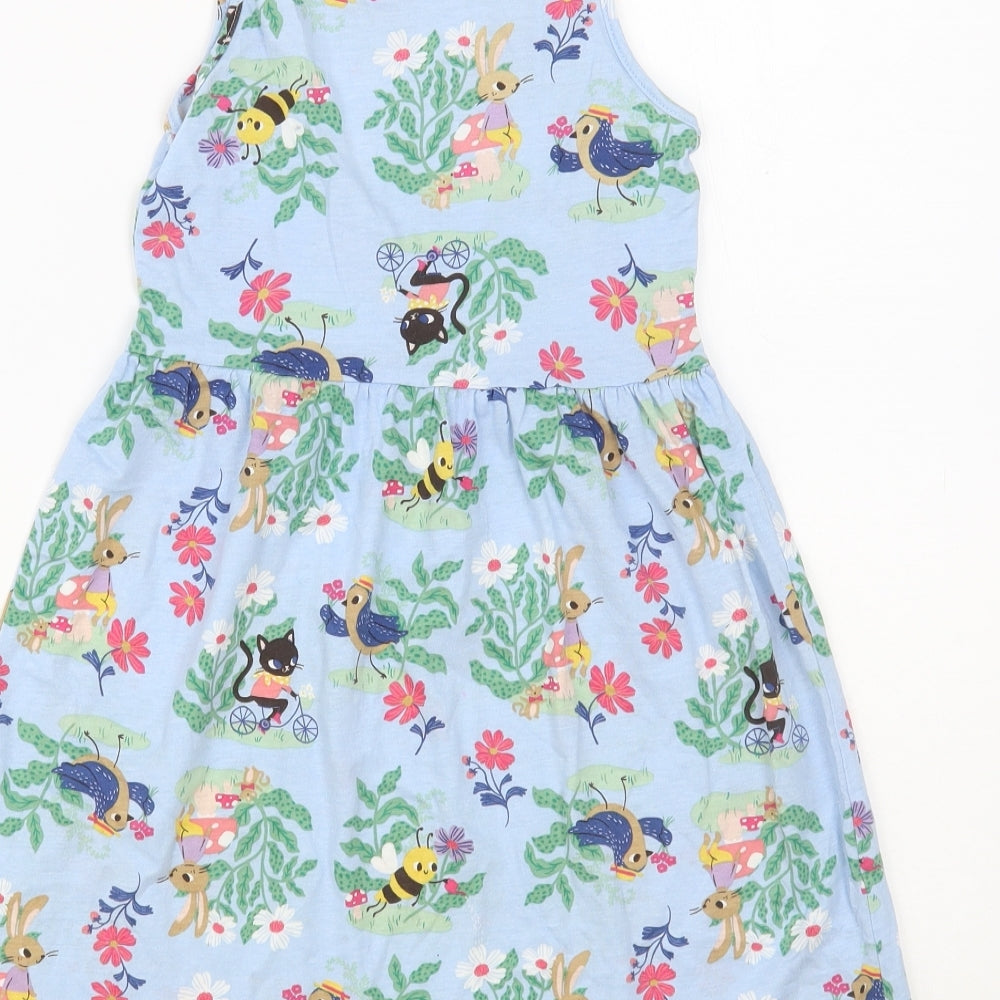 H&M Girls Blue Floral Cotton Tank Dress Size 6-7 Years Round Neck Pullover - Cute Animals Print