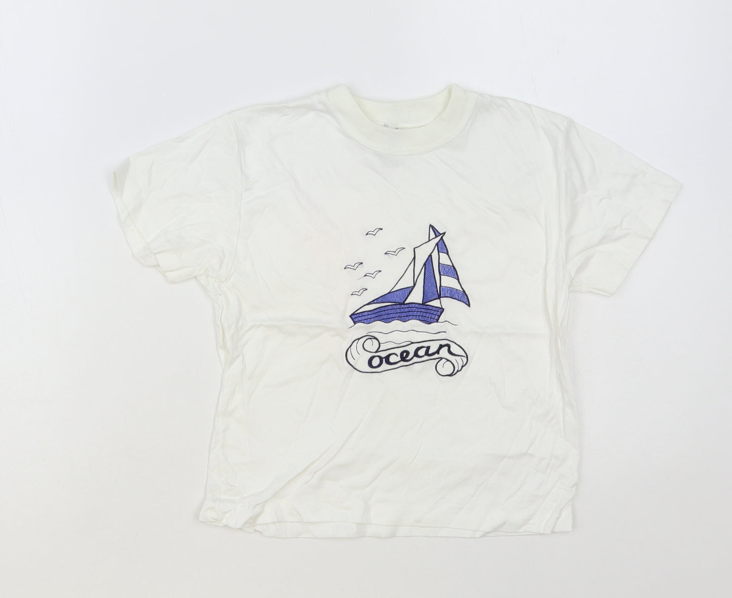 Creation Stummer Girls White Cotton Pullover T-Shirt Size 6 Years Crew Neck Pullover - Boat