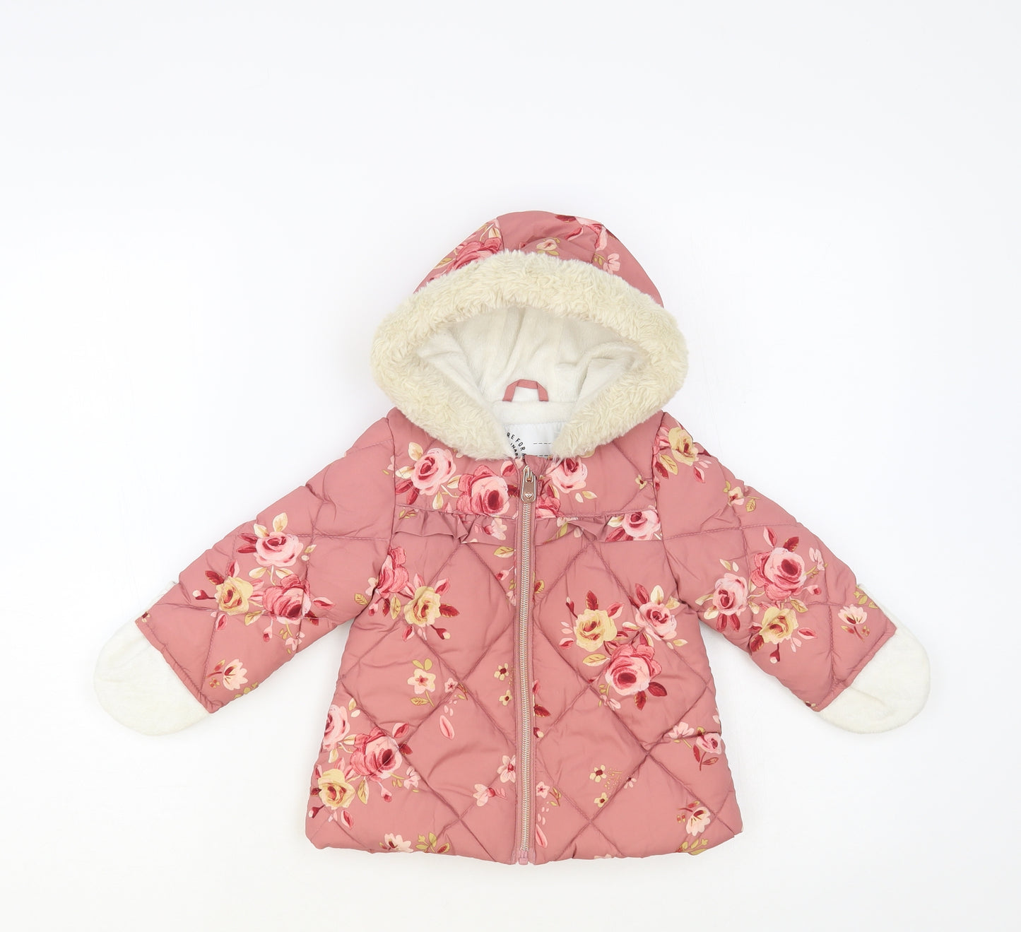 George Baby Pink Floral Quilted Jacket Size 9-12 Months Zip - Fluffy Lining Mittens