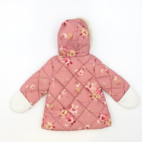 George Baby Pink Floral Quilted Jacket Size 9-12 Months Zip - Fluffy Lining Mittens