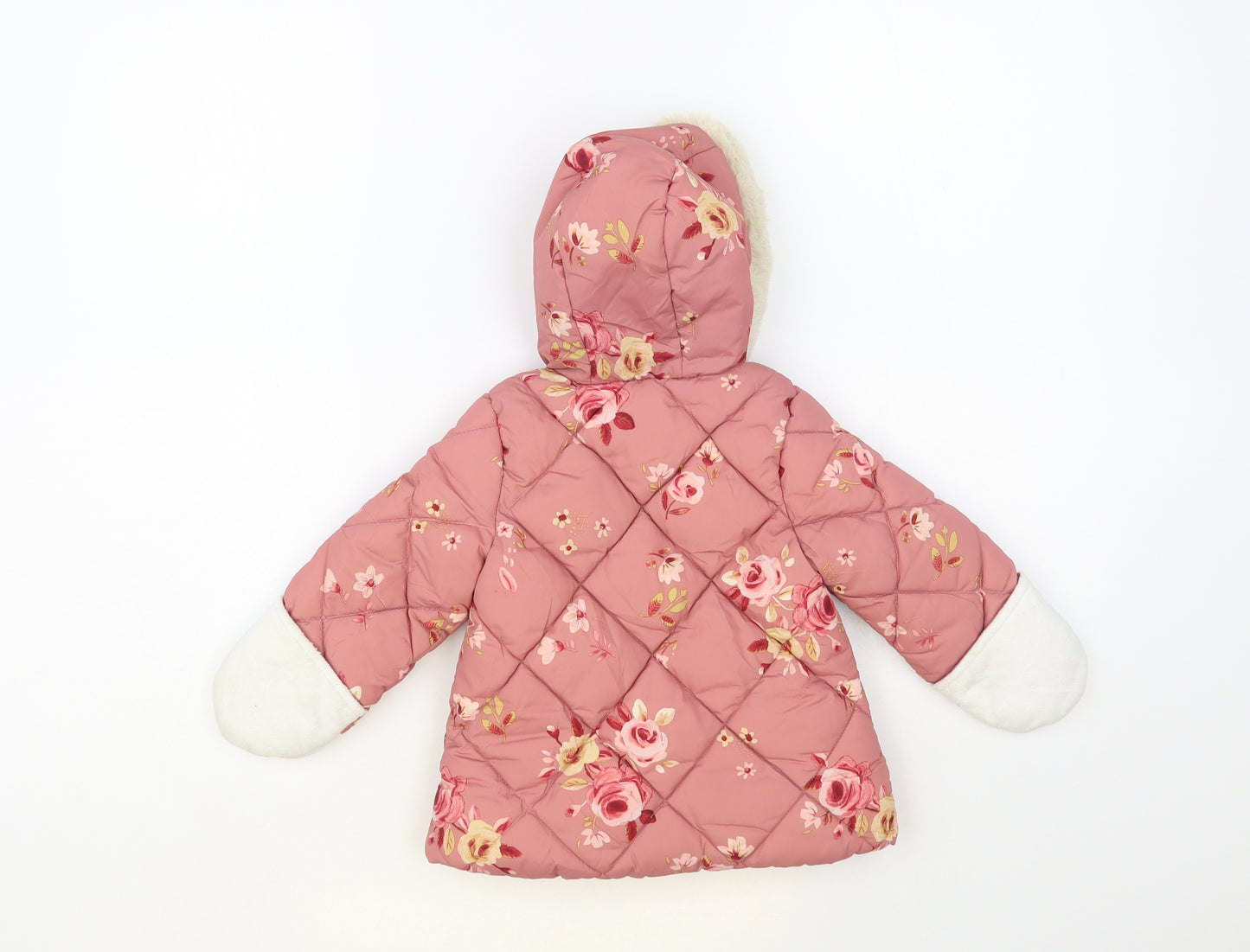 George Baby Pink Floral Quilted Jacket Size 9-12 Months Zip - Fluffy Lining Mittens