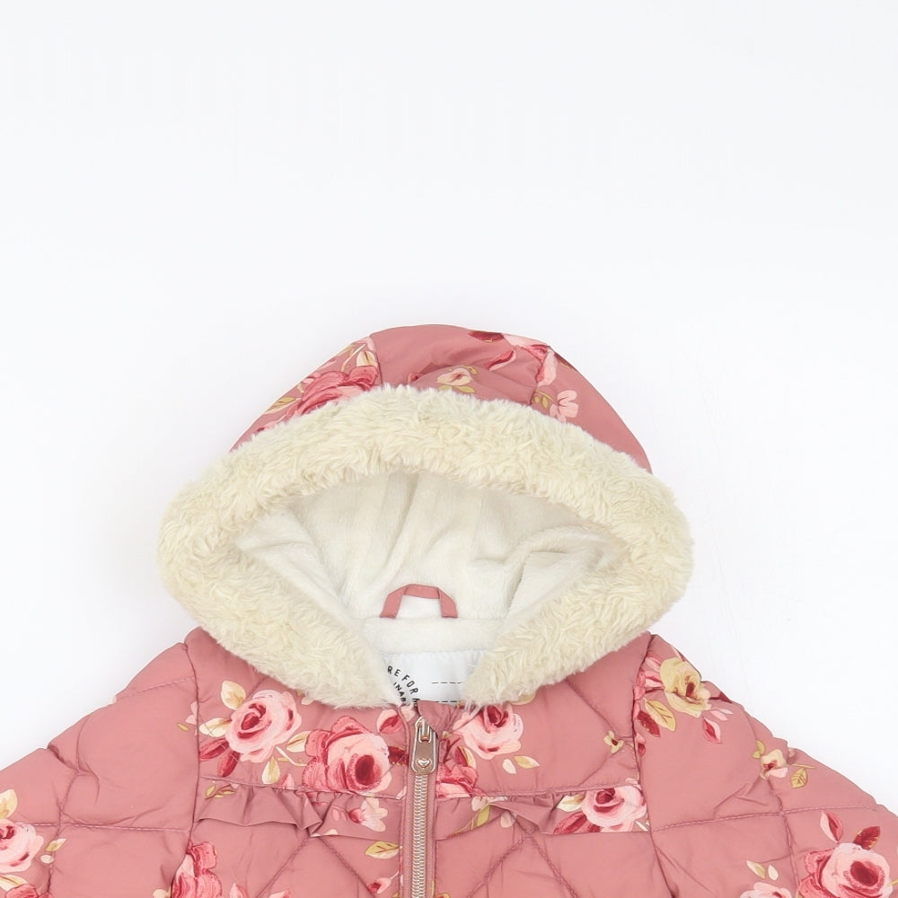 George Baby Pink Floral Quilted Jacket Size 9-12 Months Zip - Fluffy Lining Mittens